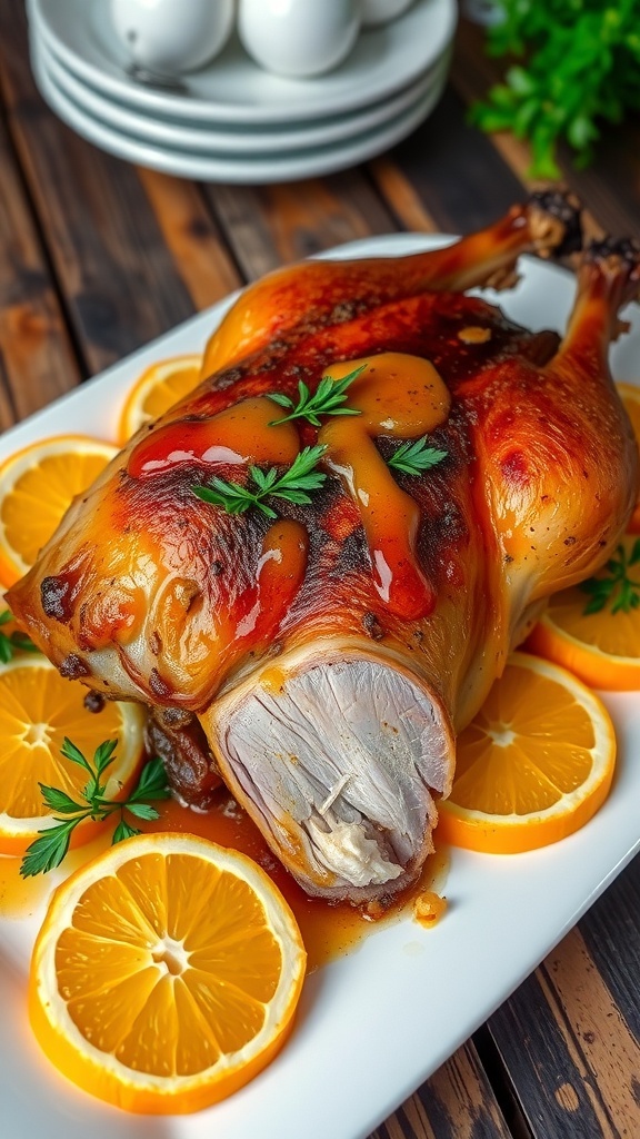 A roasted duck with crispy skin and orange sauce, garnished with herbs on a rustic table.